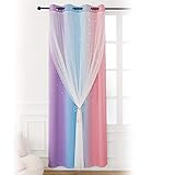 Anjee Cortinas de estrella para niños para dormitorio de niñas, 1 panel de rayas coloridas, cortina opaca con gasa transparente 2 en 1, doble...