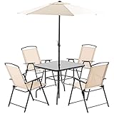 Outsunny Conjunto de Muebles de Jardín con 4 Sillas Plegables Mesa de Comedor de Vidrio y Sombrilla Inclinable Protección del Sol para Patio...