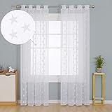 Deconovo Cortinas Translúsidas Visillos para Ventanas con Ojales 140 x 245 cm 2 Piezas Blanco Estrellas y Blanco