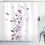 ABAKUHAUS Púrpura Cortina de Baño, Violeta Flores del árbol, Material Resistente al Agua Durable Estampa Digital, 175 x 200 cm, Blanco...