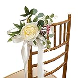 INIFLM Juego de 6 decoraciones para sillas de pasillo de boda, diseño de iglesia, diseño de flores de rosa artificial con lazo en la parte...