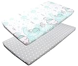 TupTam Sábana Ajustable para Cuna Bebé 2 Pack, Luna con Elefante / Menta / Estrellas / Blanco / Gris, 60 x 120 cm