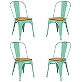 Vaukura Silla Oliix (Pack 4) - Silla Industrial Metalica Brillo Asiento Madera (Verde Menta)