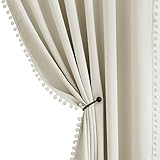 Cortinas opacas de color marfil con pompones para sala de estar de 90 pulgadas, con bloqueo de luz, cortinas beige, ahorro de energía, con...