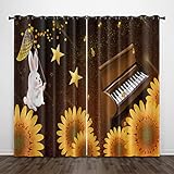 YINGD Cortina Opaca - Amarillo Estrellas Piano Girasoles 200X214Cm Drapeados Ventana con Forro Negro para Salon Paneles con Ollaos/Telas Termicas...