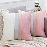 Juego de 2 Fundas de Cojín Moderna Almohadas Cuadrada para Sofá Rosa y Blanco Empalme con Rayas Cuero Dorado Plateado 40x40cm Decoración para...