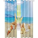 Cortinas opacas estampadas, tema de playa de verano y arena con estrellas de mar, rayos en las nubes del cielo, marina, 52 x 95 con ojales para...