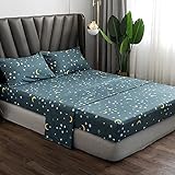 Juego de Sabanas de Cama Microfibra Estrella y Luna 4 Piezas, 1 x Sábana Bajera Ajustable Microfibra 135x190 cm con 35 Bolsillo Profundo, 1 x...