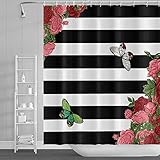 SDOTPMT 175x190cm Rojo Rosa Flor Cortina de la Ducha Blanco Negro Horizontal Rayas Hojas Verdes Mariposa Regular Raya Minimalista para niño...