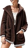 Chaqueta retro de color sólido para mujer, chaqueta casual suelta a rayas con capucha exterior de invierno cálida chaqueta de cachemira, café,...