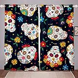 Cortina de Ventana con de Calavera de azúcar para niños y con Estampado de Flores Coloridas ,Cortinas Opacas con de Esqueleto, de Huesos...