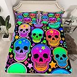 Juego de sábanas bajeras de calavera gótica con calavera de estrella, juego de sábanas de Halloween para niños y niñas, huesos de...